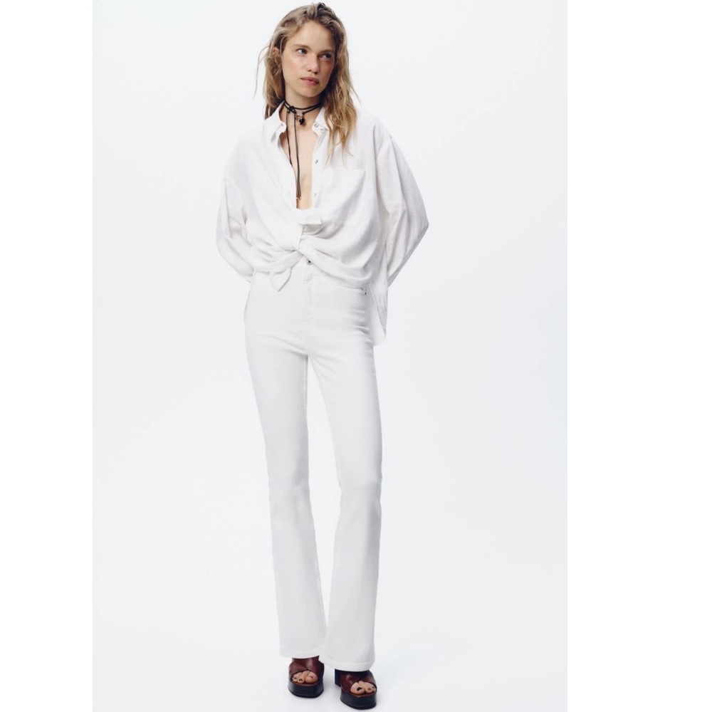 Zara Flare Fit High Rise JEans Stretch Full Length BEIGE/TAN Size 10